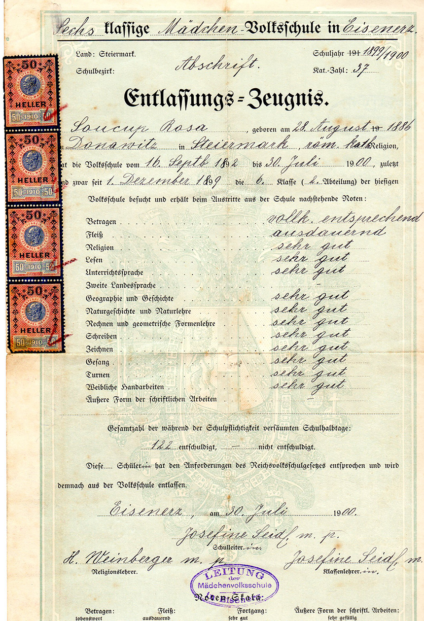Zeugnis von Rosa Soukup